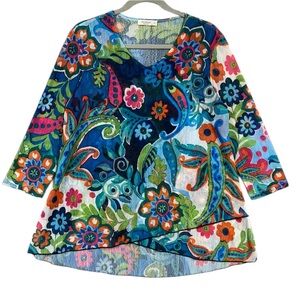 Jess & Jane Mesh Floral V Neck Blouse Multicolor Boho Sz S